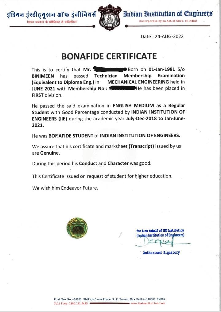 Bonafide Certificate IIE